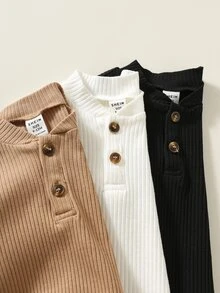 SHEIN 3pcs Baby Boy Baby Girl Solid Color Knitted Soft Round Neck Long Sleeve Autumn Bodysuit - Multicolor - View 8