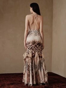Anewsta Women's New Fashion Leopard Print Knit & Woven Patchwork Multi-Layer Ruffle Hem Cinched Waist Bodycon Spaghetti Strap Strap Dress - Multicolor - View 3
