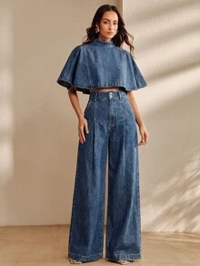 Anewsta 女款優雅休閒水藍色水洗丹寧兩件套 短袖披肩上衣高腰寬腿褲 - 水鴨藍 - 查看 5