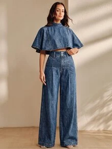 Anewsta 女款優雅休閒水藍色水洗丹寧兩件套 短袖披肩上衣高腰寬腿褲 - 水鴨藍 - 查看 6
