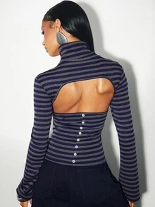 Denimoi American Retro Half-High Neck Striped T-Shirt, Sexy Open Back, Waist-Cinched, Slim Fit, Long Sleeve Inner Top - Royal Blue - View 5