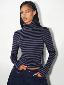 Denimoi American Retro Half-High Neck Striped T-Shirt, Sexy Open Back, Waist-Cinched, Slim Fit, Long Sleeve Inner Top - Royal Blue - View 2