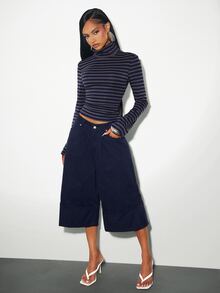 Denimoi American Retro Half-High Neck Striped T-Shirt, Sexy Open Back, Waist-Cinched, Slim Fit, Long Sleeve Inner Top - Royal Blue - View 4