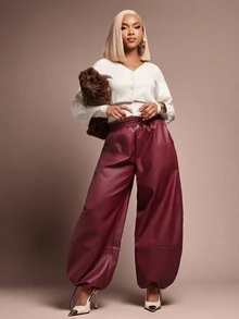 Vixey Women's Solid Color Casual Versatile Everyday Travel Long Pants - Burgundy - View 2