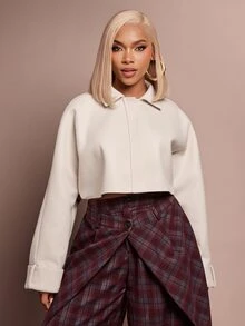 Vixey Women's French Lapel Wool Blend Short Jacket, Loose Batwing Sleeve High Waist Cropped Top, Autumn/Winter - Beige - View 1