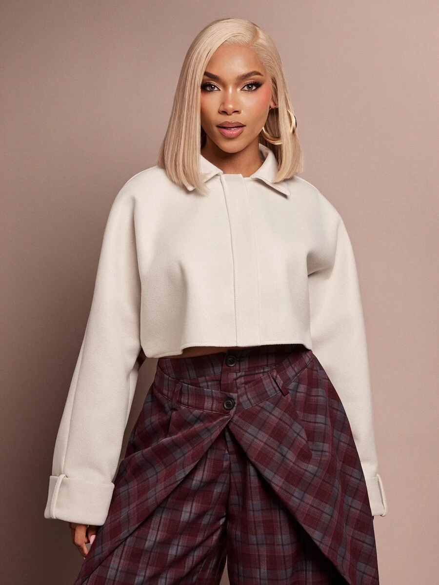 Vixey Women's French Lapel Wool Blend Short Jacket, Loose Batwing Sleeve High Waist Cropped Top, Autumn/Winter - Beige - View 1