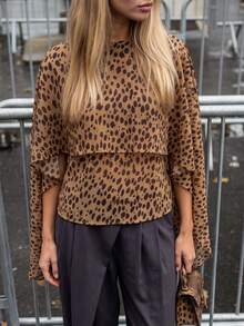 COSMINA Women's Round Neck Long Sleeve Leopard Print Beige Cover Up Shirt Coverup Summer Outfit Dinner Party Elegant - Multicolor - View 2