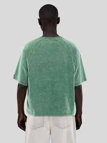 FORM&CHAOS [100% Cotton]Men's Vintage Washed Green 100% Cotton T-Shirt, Summer - Green - View 2