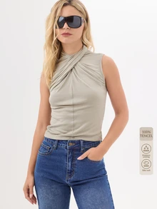 KÆRIA Hus Cross-Drape Sculptural Neck Top - Fluid Lyocell Jersey - Sage Green - Draped, Elegant Casual, Minimalist Brunch Everyday Going Out Sage Green Summer - Army Green - View 8