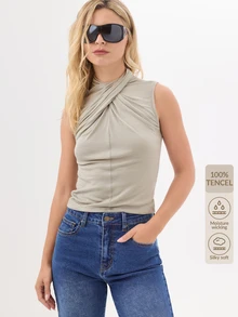 KÆRIA Hus Cross-Drape Sculptural Neck Top - Fluid Lyocell Jersey - Sage Green - Draped, Elegant Casual, Minimalist Brunch Everyday Going Out Sage Green Summer - Army Green - View 1