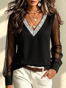 Zayélia Fall Clothes FOR WomenWomen's Patchwork Sequin V-Neck Mesh Long Sleeve Elegant Blouse - Black - View 3