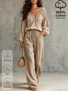 SHEIN LUNE Women's 2 Pieces Set, Casual Daily Outfit, Solid Color Set - Grey - View 4