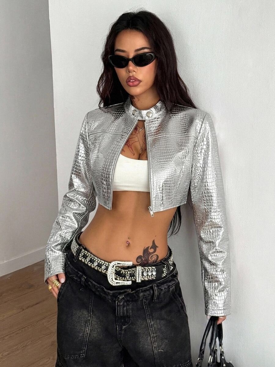 Coolane 女款秋冬街頭風休閒 Grunge Techno 龐克 Y2K 派對彈性反光銀色長袖短版夾克外套 - 白色 - 查看 1
