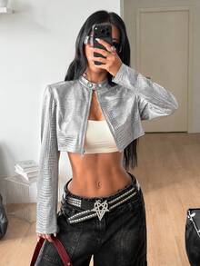 Coolane 女款秋冬街頭風休閒 Grunge Techno 龐克 Y2K 派對彈性反光銀色長袖短版夾克外套 - 白色 - 查看 5