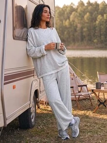Exploreva Women's 2 Pieces Faux Layered Long Sleeve Top And Pants Casual Daily Sports Set - Dark Grey - View 4