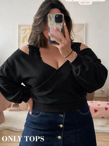 SHEIN MOD Plus Size Women's Solid Color Contrast Lace Off-Shoulder Long Sleeve Sweatshirt Fall - Black - View 1
