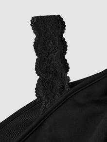 SHEIN MOD Plus Size Women's Solid Color Contrast Lace Off-Shoulder Long Sleeve Sweatshirt Fall - Black - View 5