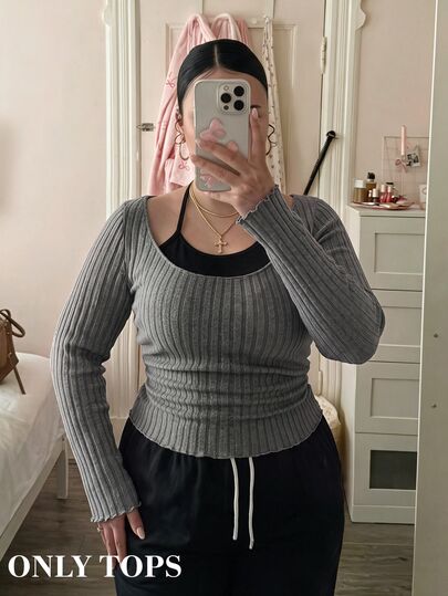 SHEIN MOD 플러스 사이즈 봄 진회색 및 화이트 투톤 레터스 트림 타이백 2in1 티셔츠