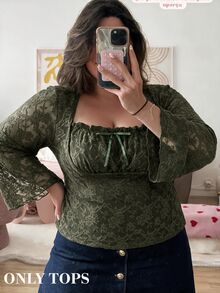 SHEIN MOD Camiseta de manga larga acampanada de cuello cuadrado fruncida en talla grande para mujeres en color verde oliva - Verde militar - Ver 4