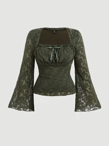 SHEIN MOD Camiseta de manga larga acampanada de cuello cuadrado fruncida en talla grande para mujeres en color verde oliva - Verde militar - Ver 2