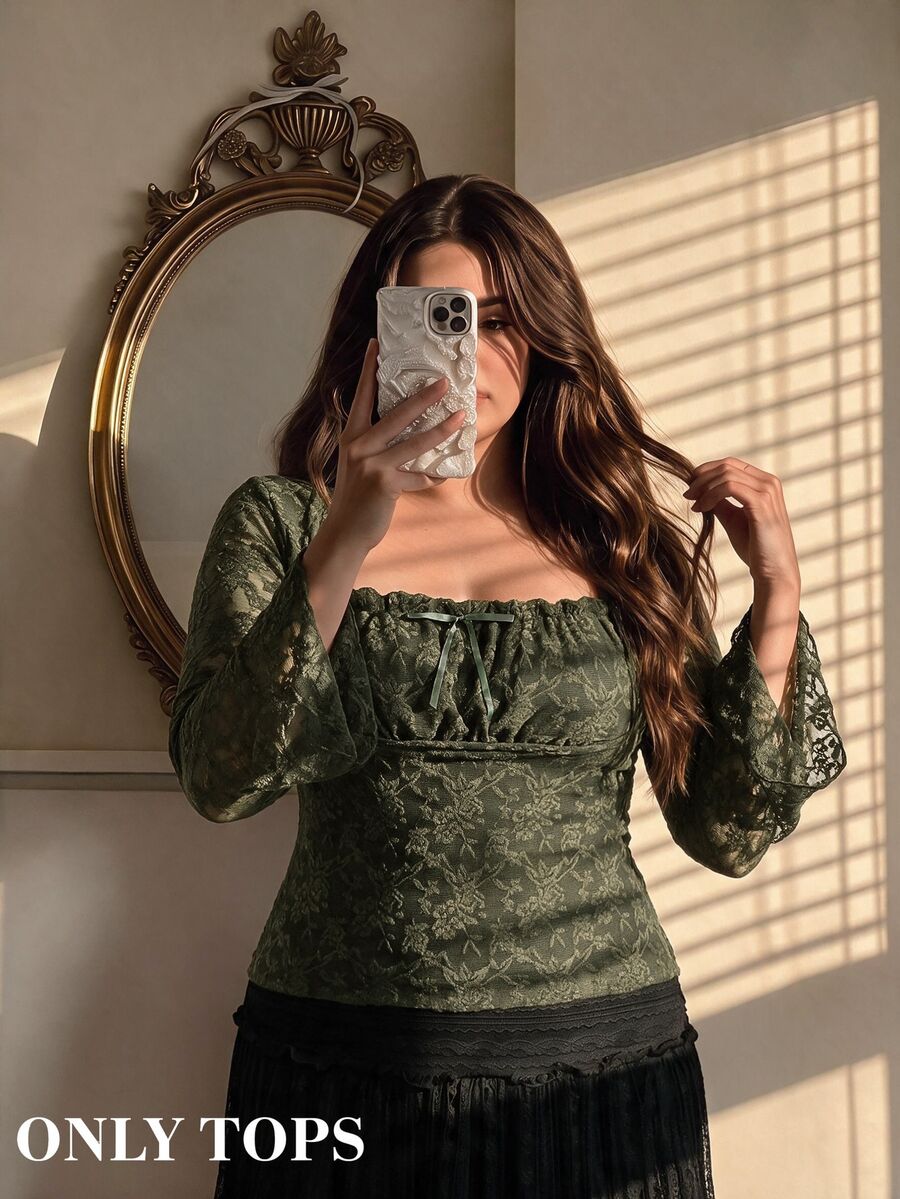 SHEIN MOD Camiseta de manga larga acampanada de cuello cuadrado fruncida en talla grande para mujeres en color verde oliva - Verde militar - Ver 1
