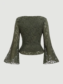 SHEIN MOD Camiseta de manga larga acampanada de cuello cuadrado fruncida en talla grande para mujeres en color verde oliva - Verde militar - Ver 3