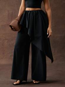 Hauture Women's Sexy Casual Wide Leg Loose Fir Asymmetrical Ruffle Detail Long Pants - Black - View 3