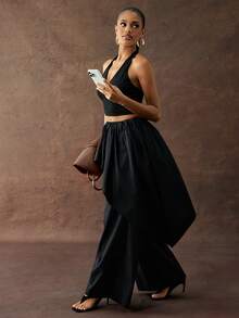 Hauture Women's Sexy Casual Wide Leg Loose Fir Asymmetrical Ruffle Detail Long Pants - Black - View 4
