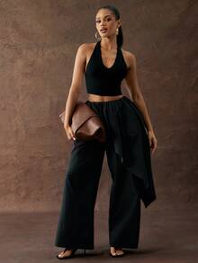 Hauture Women's Sexy Casual Wide Leg Loose Fir Asymmetrical Ruffle Detail Long Pants - Black - View 1