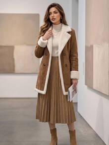 Editum 女款拼色翻領長袖雙排扣保暖內裡優雅修身夾克 秋冬聖誕感恩節日常穿搭 - 咖啡棕 - 查看 5