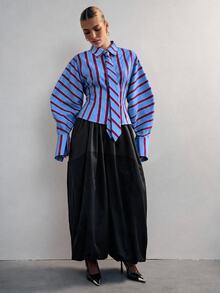 Hauture 女款經典條紋長袖領結襯衫，時尚優雅女式辦公穿搭，誇張寬大喇叭袖 - 彩色 - 查看 5