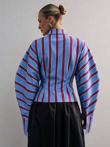Hauture 女款經典條紋長袖領結襯衫，時尚優雅女式辦公穿搭，誇張寬大喇叭袖 - 彩色 - 查看 2