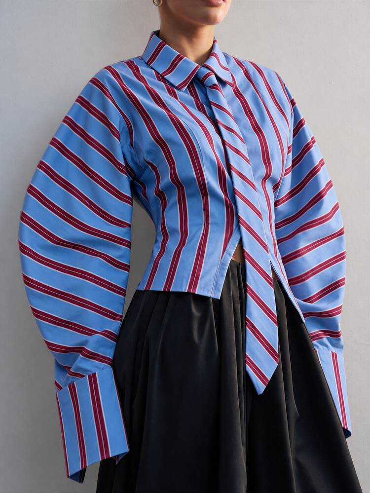 Hauture Women's Classic Striped Long Sleeve Neck Tie Shirt, Fashionable & Elegant Office Wear For Women, Exaggerated Wide Bell Sleeves, - Multicolor - View 4