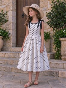 SHEIN 青少年女孩優雅可愛公主風黑白圓點滿版印花低腰蝴蝶結裝飾短款迷你洋裝 夏季婚禮花童派對禮服 - 杏色 - 查看 5