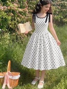 SHEIN 青少年女孩優雅可愛公主風黑白圓點滿版印花低腰蝴蝶結裝飾短款迷你洋裝 夏季婚禮花童派對禮服 - 杏色 - 查看 6