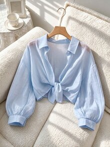 SHEIN Tween Girls Fall Tops Baby Blue Collared Drop-Shoulder 3/4 Sleeve Shirt Preppy Style School Casual Autumn Outfit Comfortable Daily Vacation M... - Baby Blue - View 2