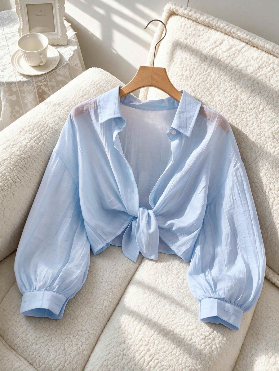 SHEIN Tween Girls Fall Tops Baby Blue Collared Drop-Shoulder 3/4 Sleeve Shirt Preppy Style School Casual Autumn Outfit Comfortable Daily Vacation M...