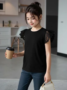 Tween Girls Contrast Lace Butterfly Sleeve Twist Hem Tee,Holiday,Summer,Travel, Casual, Outfit, Comfortable, Daily, Minimalist - Black - View 3