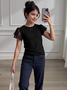 Tween Girls Contrast Lace Butterfly Sleeve Twist Hem Tee,Holiday,Summer,Travel, Casual, Outfit, Comfortable, Daily, Minimalist - Black - View 7