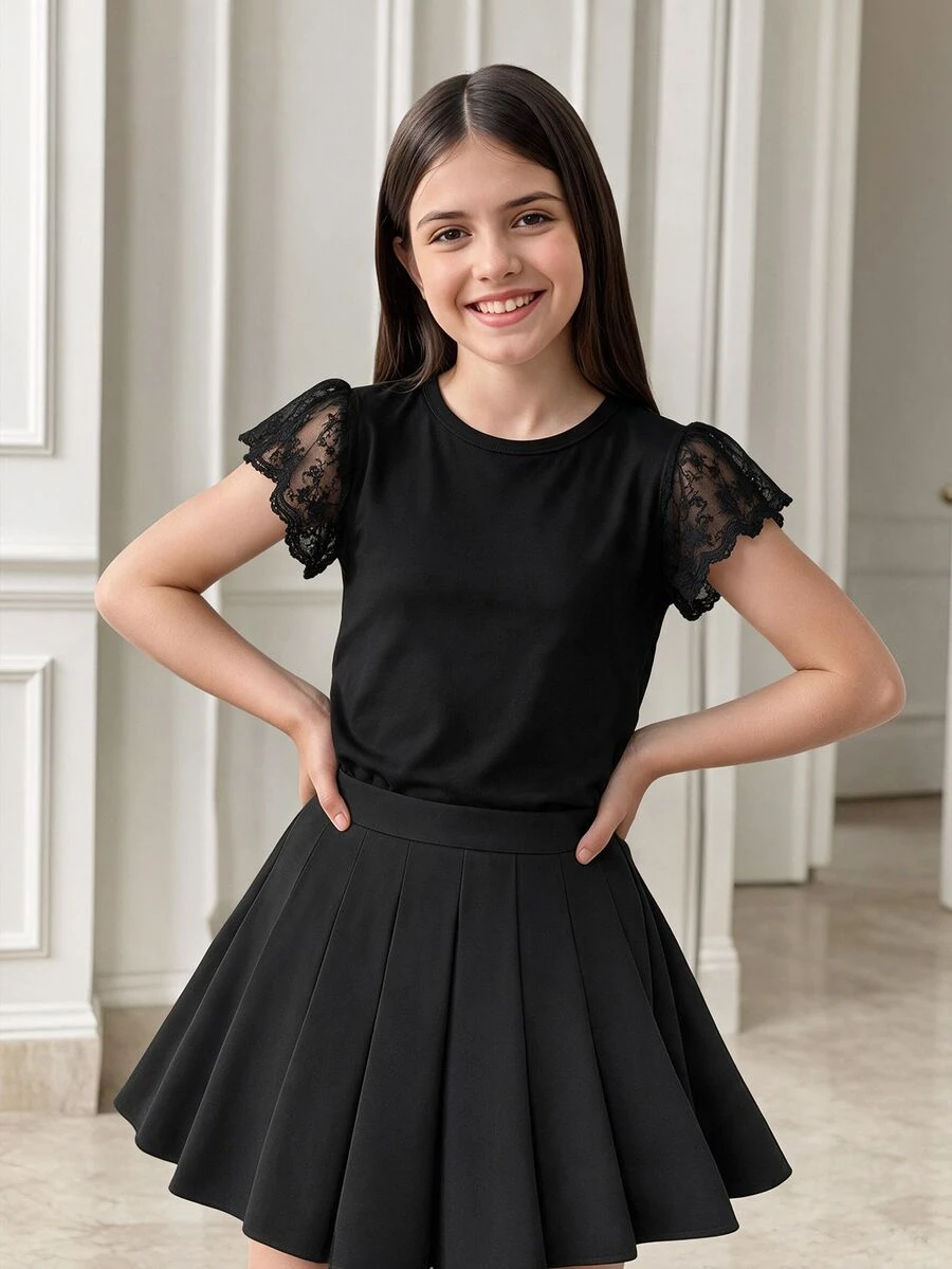 Tween Girls Contrast Lace Butterfly Sleeve Twist Hem Tee,Holiday,Summer,Travel, Casual, Outfit, Comfortable, Daily, Minimalist - Black - View 1