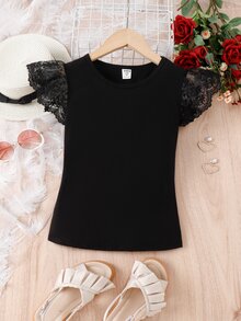 Tween Girls Contrast Lace Butterfly Sleeve Twist Hem Tee,Holiday,Summer,Travel, Casual, Outfit, Comfortable, Daily, Minimalist - Black - View 6