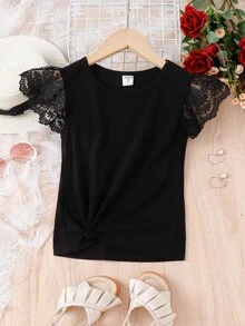Tween Girls Contrast Lace Butterfly Sleeve Twist Hem Tee,Holiday,Summer,Travel, Casual, Outfit, Comfortable, Daily, Minimalist - Black - View 10