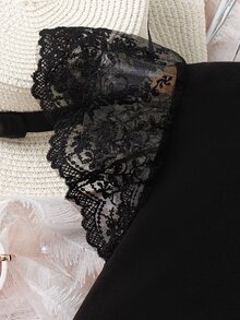 Tween Girls Contrast Lace Butterfly Sleeve Twist Hem Tee,Holiday,Summer,Travel, Casual, Outfit, Comfortable, Daily, Minimalist - Black - View 9
