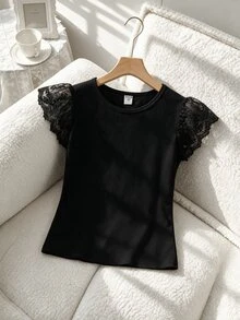 Tween Girls Contrast Lace Butterfly Sleeve Twist Hem Tee,Holiday,Summer,Travel, Casual, Outfit, Comfortable, Daily, Minimalist - Black - View 2