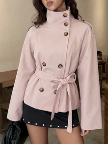 Aloruh Khaki Cinched Waist Short Trench Coat For Women, Suitable For Autumn/Winter - Dusty Pink - View 7