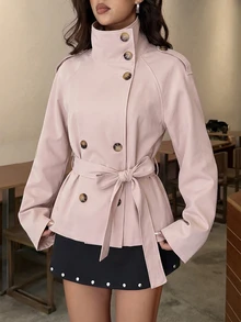 Aloruh Khaki Cinched Waist Short Trench Coat For Women, Suitable For Autumn/Winter - Dusty Pink - View 5