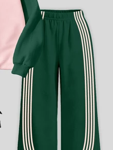 Tween Girls 2 Pcs Pink & Green Color Block Striped Raglan Crew Neck Pullover Sweatshirt & Wide Leg Pants Set, Winter Outfits - Multicolor - View 6