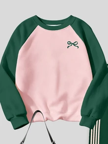 Tween Girls 2 Pcs Pink & Green Color Block Striped Raglan Crew Neck Pullover Sweatshirt & Wide Leg Pants Set, Winter Outfits - Multicolor - View 5