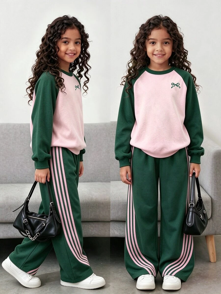Tween Girls 2 Pcs Pink & Green Color Block Striped Raglan Crew Neck Pullover Sweatshirt & Wide Leg Pants Set, Winter Outfits - Multicolor - View 1