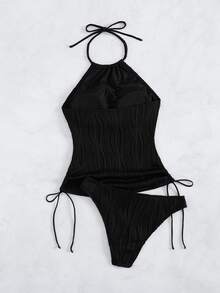 SHEIN Swim Women Beach Party Sexy Tropical Solid Color Drawstring Textured Fabric Spaghetti Strap Backless Camisole Bikini Tops Resort Vacation Summer Black - Black - View 7
